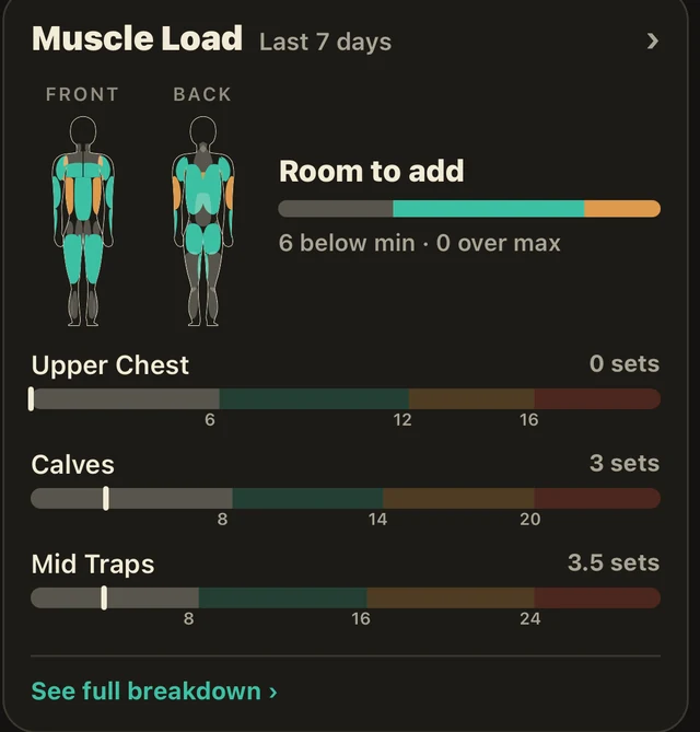 A front and back body map in teal with a Room to add reading, six muscles below minimum and none over maximum, above per-muscle set counts for upper chest, calves and mid traps.
