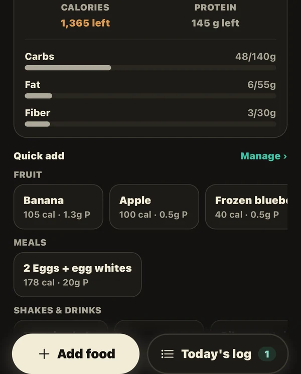 The nutrition screen showing 1,365 calories and 145 g of protein left for the day, carb, fat and fibre bars, and quick-add presets for fruit and meals.