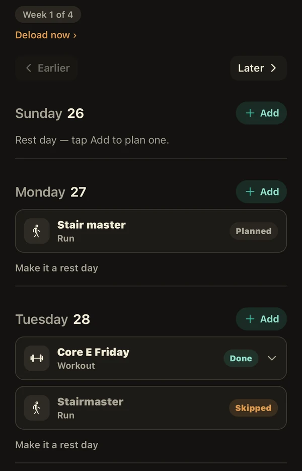 The weekly planner showing week 1 of 4 with a deload prompt, and Sunday, Monday and Tuesday each listing their planned, done or skipped sessions.