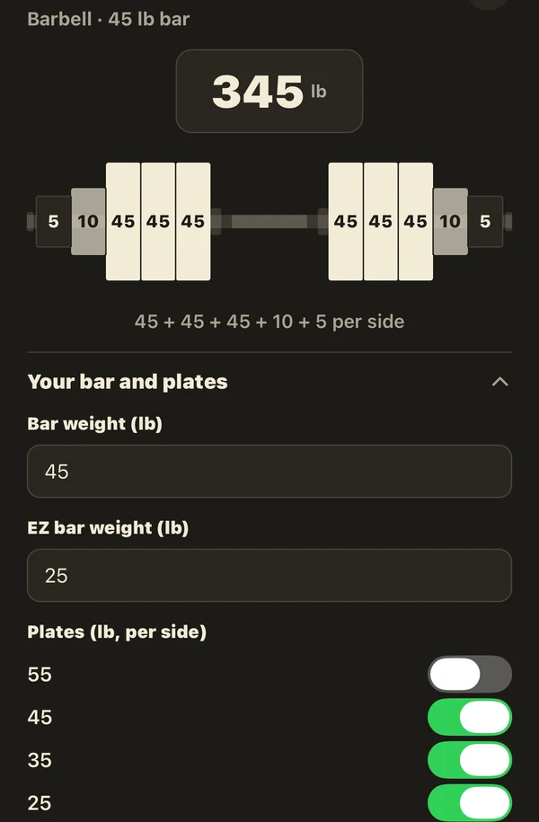 The plate calculator showing 345 lb on a 45 lb bar, drawn as loaded plates, with the per-side breakdown 45 + 45 + 45 + 10 + 5.