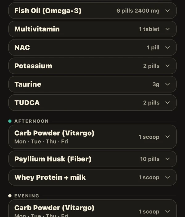 A supplement stack listing fish oil, multivitamin, NAC, potassium, taurine and TUDCA with their doses, then an afternoon group and an evening group.